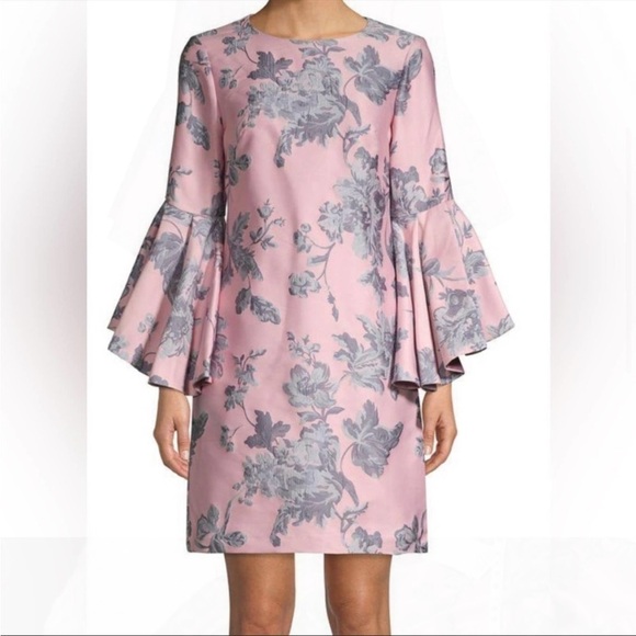 BADGLEY MISCHKA PINK & Blue Jaqured BELL SLEEVE DRESS Size 2 - Picture 1 of 11